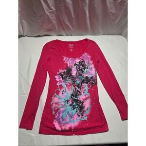 Y2k Rock 47 Wrangler Womens Pink Cross Graphic Long Sleeve T-Shirt Small LRS642D